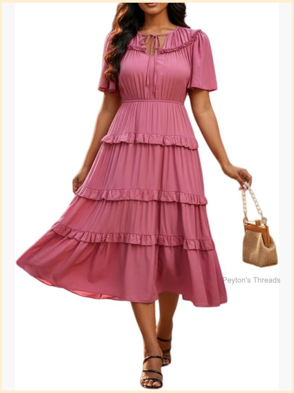 Boho Short Sleeve Midi Dress with Pockets Flowy Rayon Casual - Picture 1 of 5